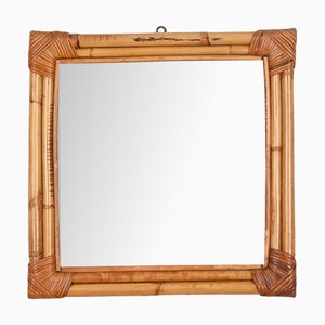 Mid-Century French Riviera Square Mirror in Bamboo and Rattan Wicker, Italy, 1960s
