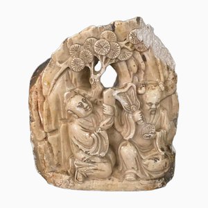 Bacon Stone Sculpture of Chinese Sages with Plant Decoration, 20th Century