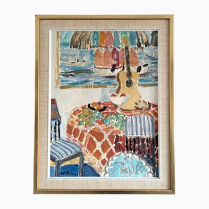Interior con pintura, años 50, pintura al óleo, enmarcado