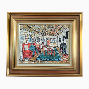 Interior acogedor, pintura al óleo, enmarcado