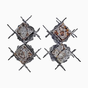 Brutalist Sconces in Wrought Iron and Murano Glass attributed to Poliarte, 1970s, Set of 2