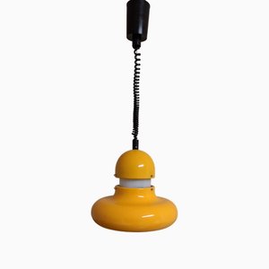 Vintage German Height-Adjustable Ceiling Lamp with Yellow Metal Housing and White Plastic Shade by Sölken
