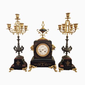 Antique French Clock with 2 Candlesticks, 19th Century, Set of 3