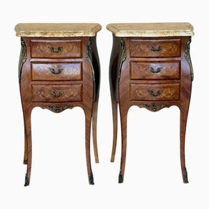 Antike französische Louis XV Intarsien Nachttische mit Marmorplatte, 1890, 2er Set