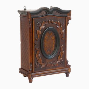 Antique Small Wooden Cabinet with Carved Ornaments and Marquetry