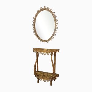 Console et Miroir en Bambou et Rotin, 1960s, Set de 2