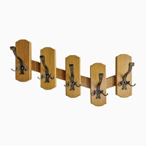 Mid-Century Wooden Wall Mounted Coat Rack with Hammered Hooks, 1970s