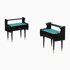 Schwarze Italienische Nachttische mit Glasplatte, 1950er, 2er Set