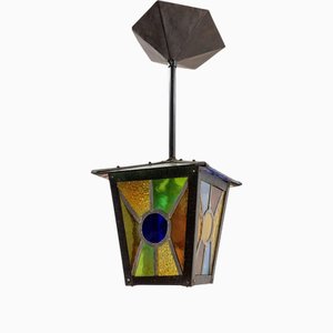 Französische Hängelampe aus farbigem Glas & Eisen, 1960