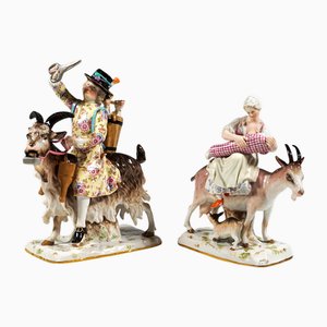 Tailor and Tailor's Wife on Goats Figurine Groups from Meissen, 1860s, Set of 2