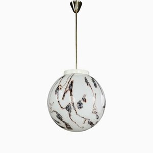 Large Midcentury Brass and Marble Opaline Glass Pendant, 1950s