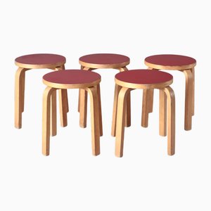 L-Leg Stools in Red Linoleum and Birch by Alvar Aalto for Artek, 1960s, Set of 5