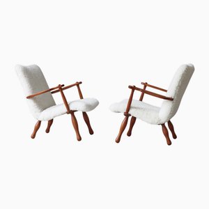 Set of Pinewood and Sheepskin Lounge Chairs from Swedish Cabinetmaker, 1940s