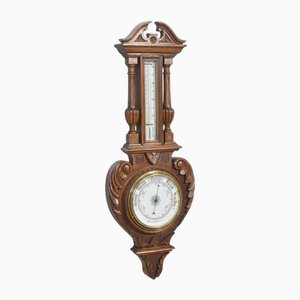 Carved Oak Wall Hanging Banjo Barometer, 1890s