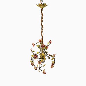 Hollywood Regency Floral Pastel Color Painted Metal Chandelier, 1950s