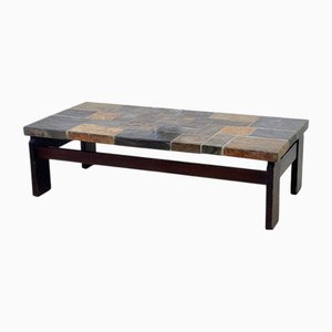 Brutalist Slate Stone Coffee Table with Ceramic Inlaid Tiles, 1980s
