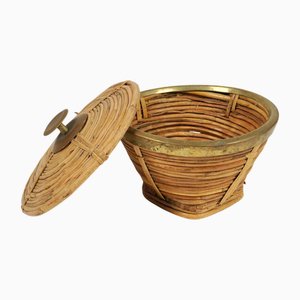Mid-Century Decorative Box in Rattan and Brass, Italy, 1970s