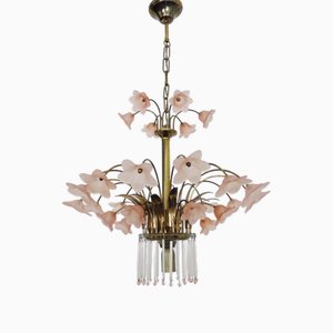 Italian Chandelier with Pink Flowers in Murano Glass and Gilded Brass with 4 Lights, 1980s