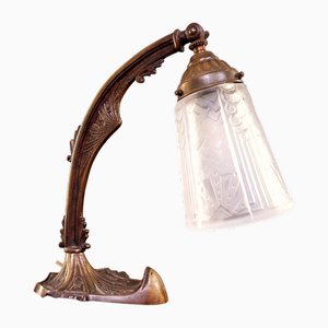 Lampada da scrivania Art Déco in bronzo e vetro stampato satinato, anni '20
