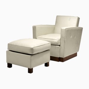 White Leather Armchair and Footrest by Jacques Adnet, 1930s