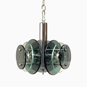 Space Age Hanging Lamp in Chrome Metal and Smoked Glass from Veca, 1970s