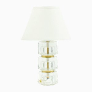 Glass and Brass Bedside Table Lamp attributed to Carl Fagerlund for Orrefors, Sweden, 1960s