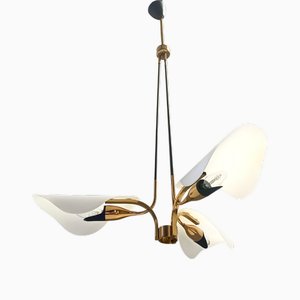 3-Arm Brass and Glass Chandelier attributed to Stilnovo, Italy, 1950s