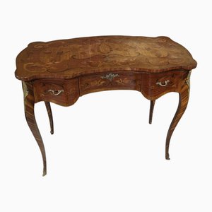 Tavolo intarsiato floreale in legno e bronzo con cassetti