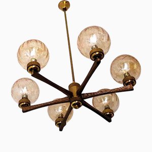 Italian Gold-Plated Brass Chandelier with 6 Crackle-Glass Globes by Angelo Brotto for Esperia, 1970s