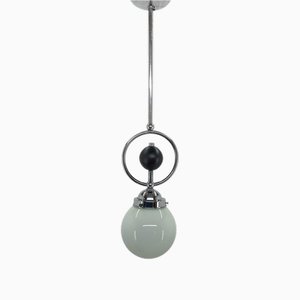 Art Deco Chrome Pendant Light with Wooden Decor, 1930s