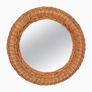Runder Mid-Century French Riviera Spiegel aus Rattan Geflecht, Italien, 1970er