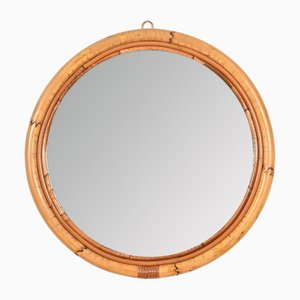 French Riviera Round Mirror in Curved Bamboo and Wicker, Italy, 1970s