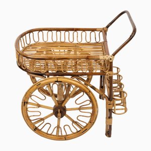 Carrello bar Mid-Century Riviera in bambù e vimini, Italia, anni '50