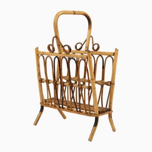 Midcentury French Riviera Rattan and Bamboo Magazine Rack, Italy, 1960s