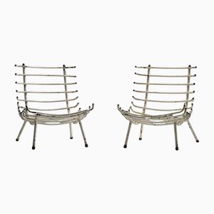 Set of White Rib Chairs in Metal and Brass, Brazil, 1950s