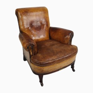 Sillón Club inglés antiguo de cuero, década de 1890
