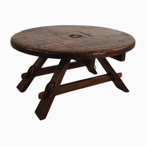 Mid-20th Century Brutalist Oak Round Coffee Table, France, 1960s