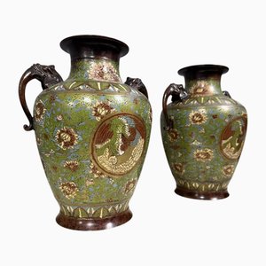 Vasi antichi in bronzo con smalti cloisonné, Cina, 1880, set di 2