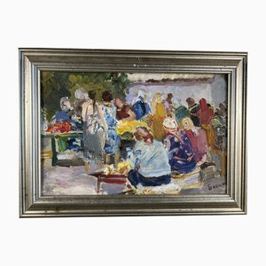 Iakov Besperstov, Market Scene in Murom, 1981, Oil on Hardboard, Framed