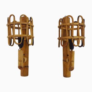 Rattan Bamboo Lantern Wall Lights, 1960s, Set of 2