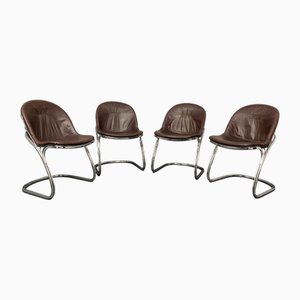 Sabrina Cantilever Chairs in Chrome Plate & Brown Leather by Gastone Rinaldi for Thema, Italy, 1970s, Set of 4