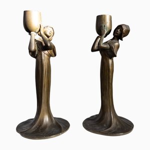 Art Nouveau Candleholders in Zinc, 1890s, Set of 2
