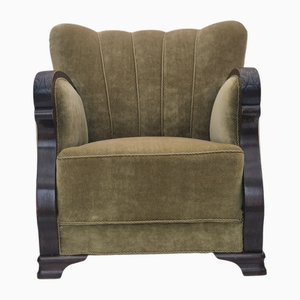 Butaca Relax danesa de muebles de terciopelo verde y madera de haya, años 50