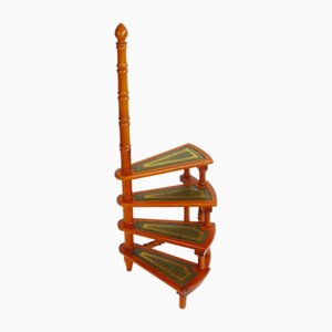 Vintage English Wooden Library Steps with Green Leather, 1950s