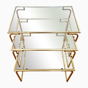Tables Gigognes Modernes en Laiton et en Verre, Italie, 1970s, Set de 3