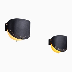 Matte Black Wall Lamps with Perforated Shades and Brass Details, Set of 2