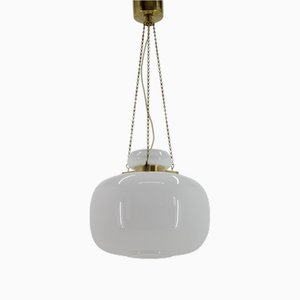 Opaline Glass & Brass Pendant Light, 1970s