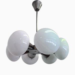 Chrome & Opaline Glass Sputnik Chandelier attributed to Kamenicky Senov, 1970s