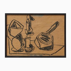Vastian, Nature Morte Cubiste, Dessin au Fusain Noir, Encadré