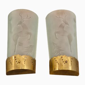 Wall Scones in Etched Glass Decor by Glössner, 1890s, Set of 2